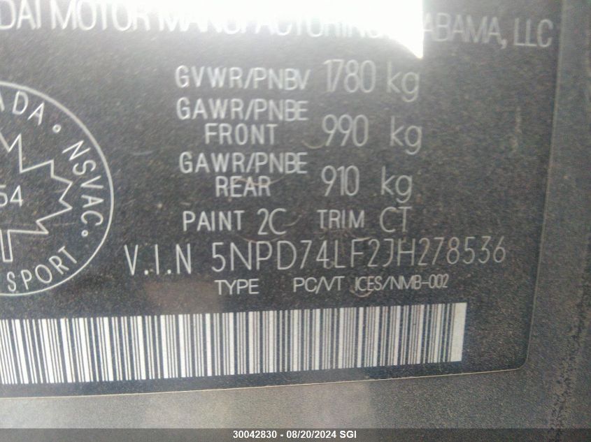 2018 Hyundai Elantra Se VIN: 5NPD74LF2JH278536 Lot: 30042830