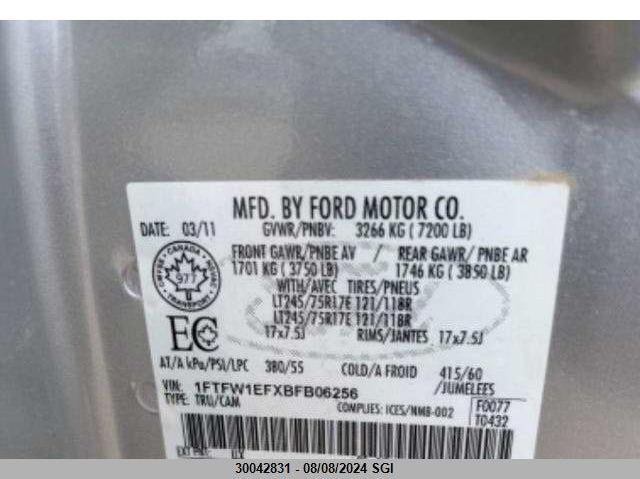 2011 Ford F150 Supercrew VIN: 1FTFW1EFXBFB06256 Lot: 30042831