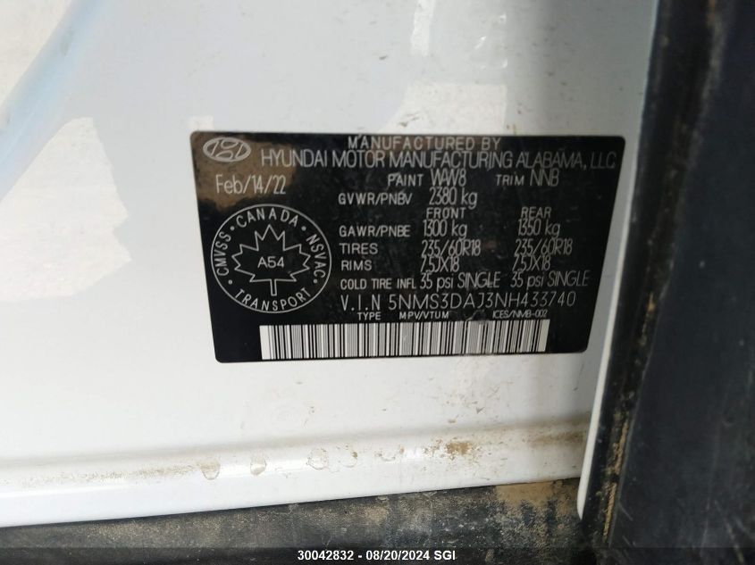 2022 Hyundai Santa Fe Sel VIN: 5NMS3DAJ3NH433740 Lot: 30042832