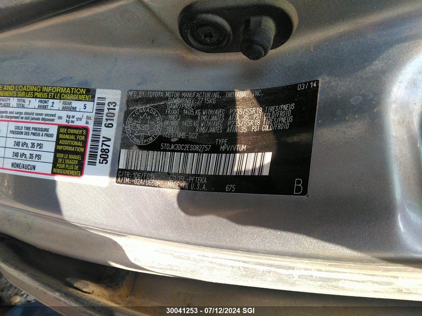 2014 Toyota Sienna Le VIN: 5TDJK3DC2ES082757 Lot: 30041253