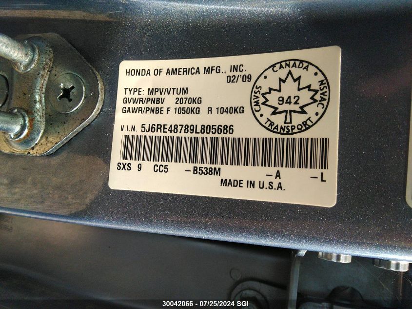 2009 Honda Cr-V VIN: 5J6RE48789L805686 Lot: 30042066