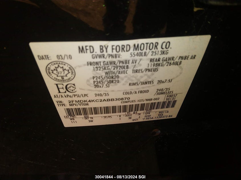 2010 Ford Edge Limited VIN: 2FMDK4KC2ABB30870 Lot: 30041844