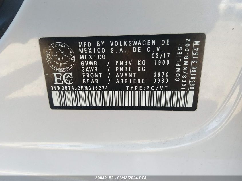 2017 Volkswagen Jetta Se VIN: 3VWDB7AJ2HM316274 Lot: 30042152