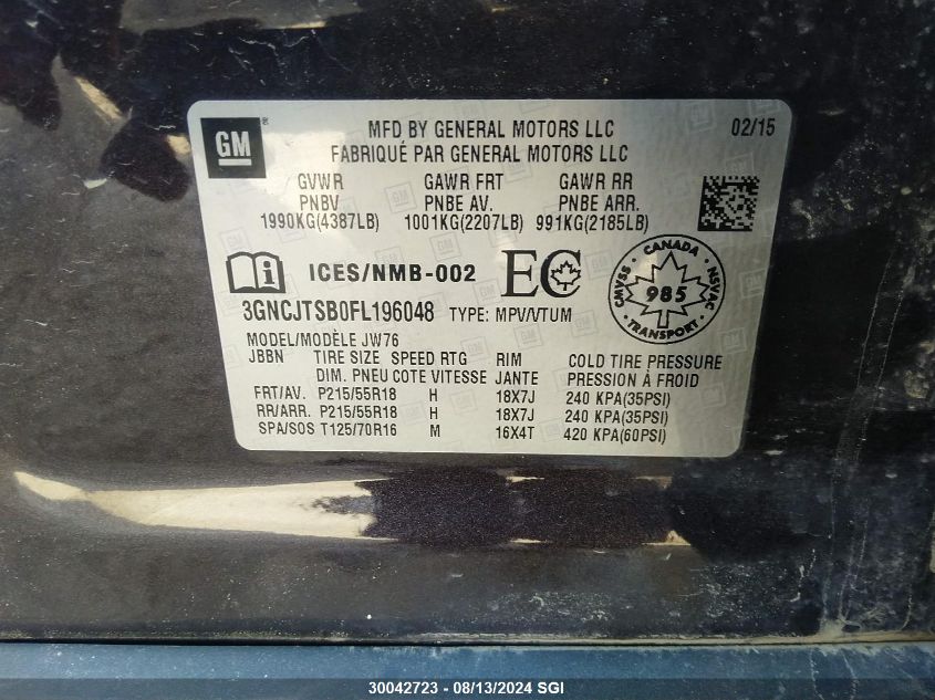 2015 Chevrolet Trax VIN: 3GNCJTSB0FL196048 Lot: 30042723