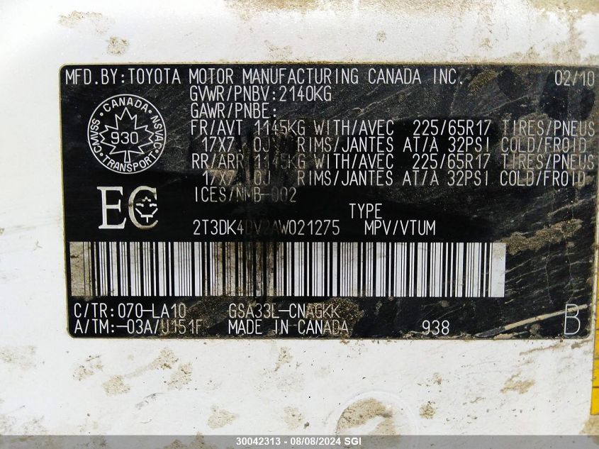 2010 Toyota Rav4 Limited VIN: 2T3DK4DV2AW021275 Lot: 30042313