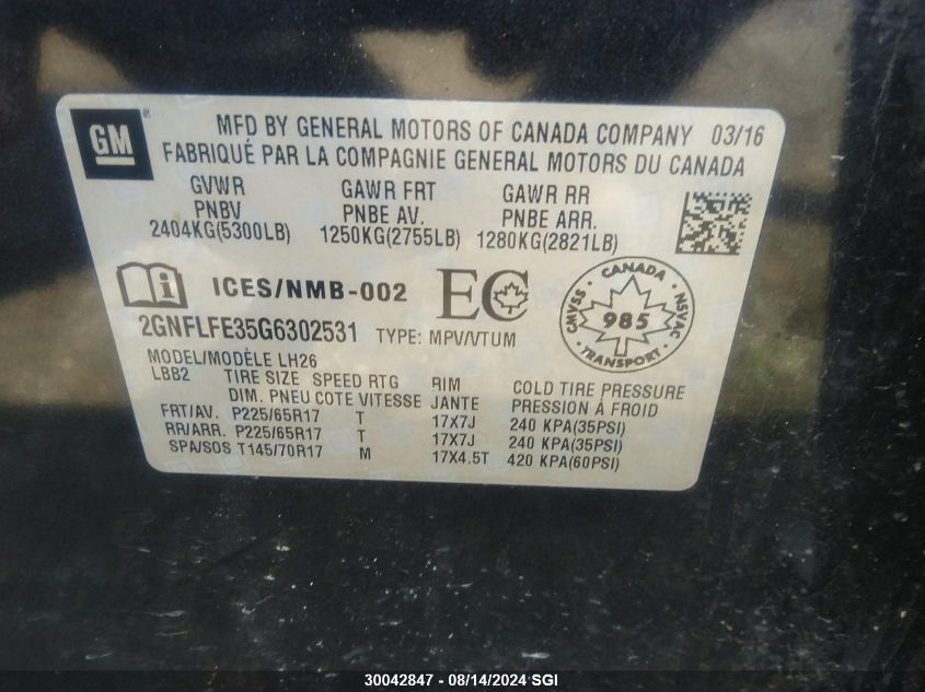 2016 Chevrolet Equinox Lt VIN: 2GNFLFE35G6302531 Lot: 30042847