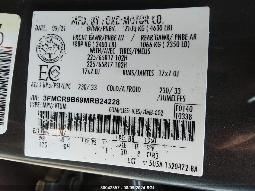 2021 Ford Bronco Sport Big Bend VIN: 3FMCR9B69MRB24228 Lot: 30042857