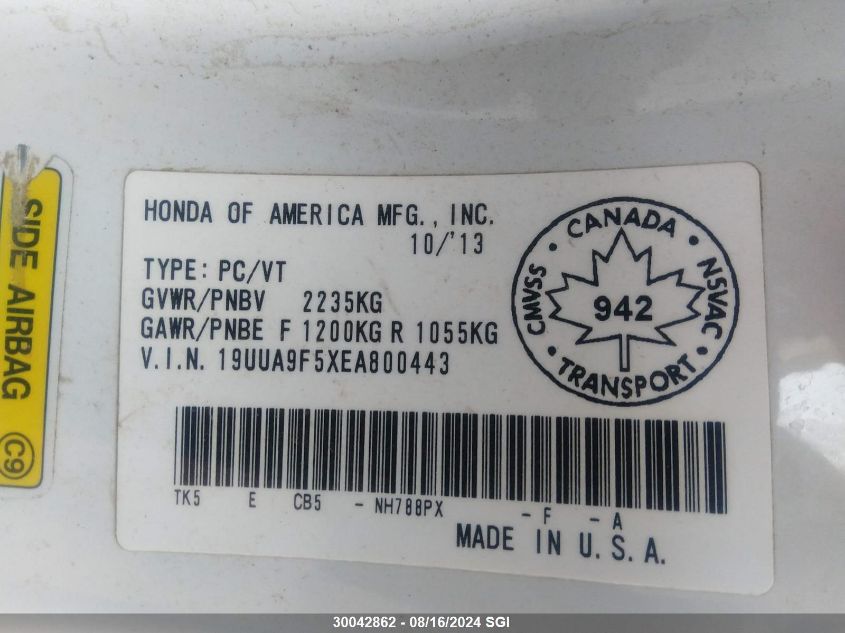 2014 Acura Tl Tech VIN: 19UUA9F5XEA800443 Lot: 30042862