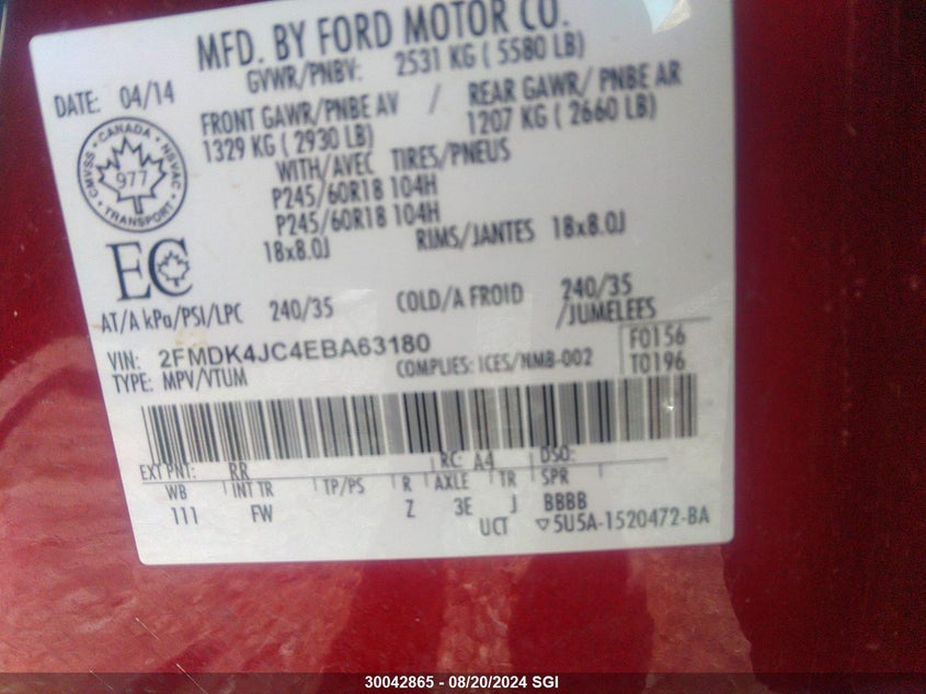 2014 Ford Edge Sel VIN: 2FMDK4JC4EBA63180 Lot: 30042865