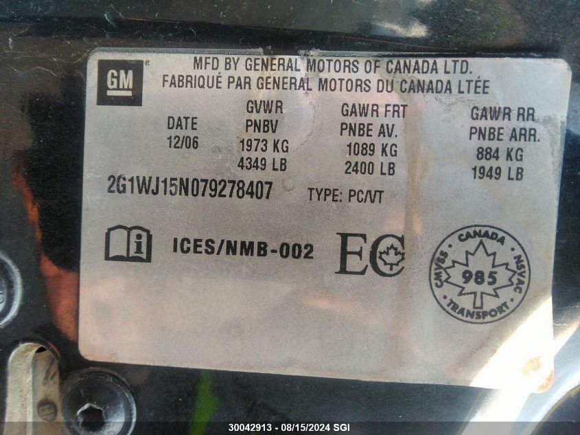 2007 Chevrolet Monte Carlo Ls VIN: 2G1WJ15N079278407 Lot: 30042913