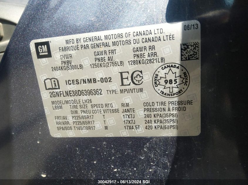 2013 Chevrolet Equinox Lt VIN: 2GNFLNE38D6396362 Lot: 30042917