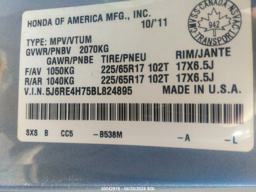 2011 Honda Cr-V Exl VIN: 5J6RE4H75BL824895 Lot: 30042918