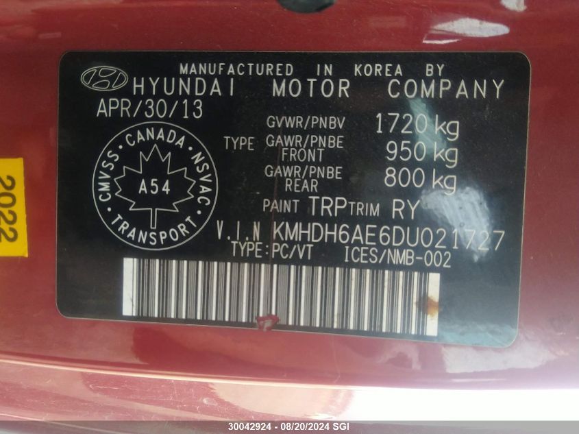 2013 Hyundai Elantra Coupe Gs/Se VIN: KMHDH6AE6DU021727 Lot: 30042924