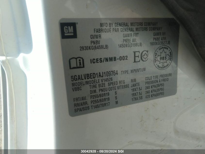 2010 Buick Enclave Cxl VIN: 5GALVBED1AJ109764 Lot: 30042928