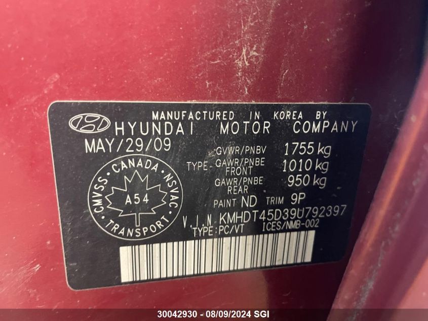 2009 Hyundai Elantra Gl VIN: KMHDT45D39U792397 Lot: 30042930