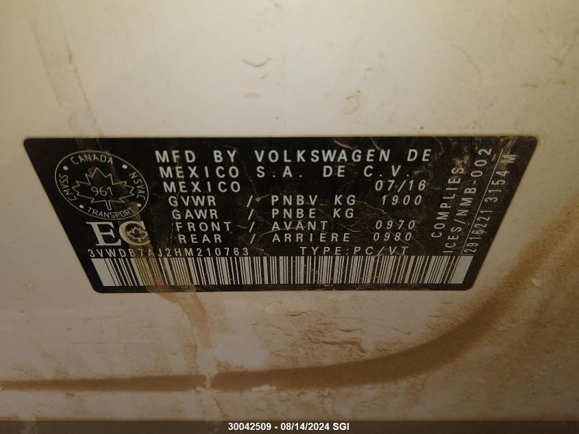 2017 Volkswagen Jetta Se VIN: 3VWDB7AJ2HM210763 Lot: 30042509