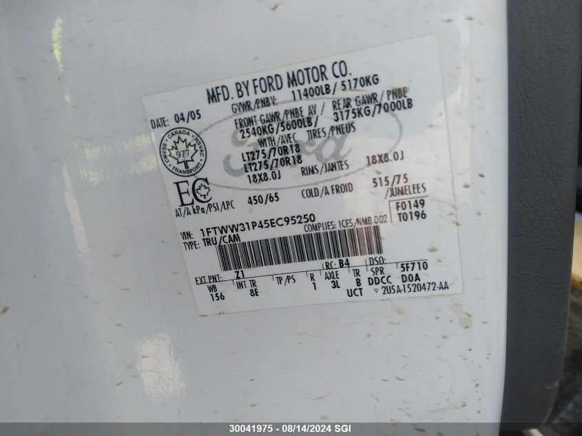 2005 Ford F350 Srw Super Duty VIN: 1FTWW31P45EC95250 Lot: 30041975