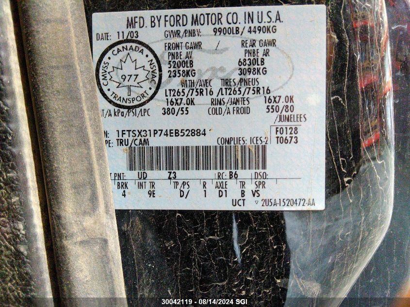 2004 Ford F350 Srw Super Duty VIN: 1FTSX31P74EB52884 Lot: 30042119