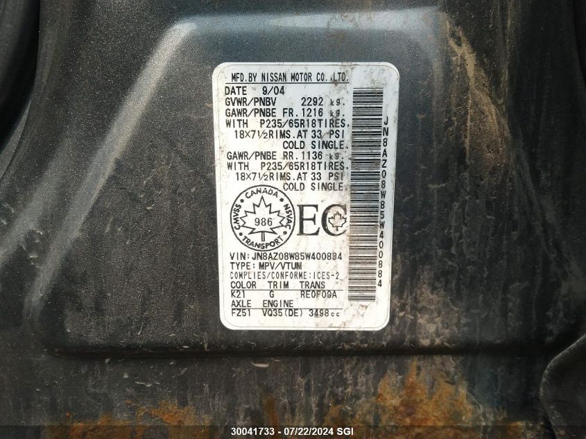 2005 Nissan Murano Sl/Se/S VIN: JN8AZ08W85W400884 Lot: 30041733