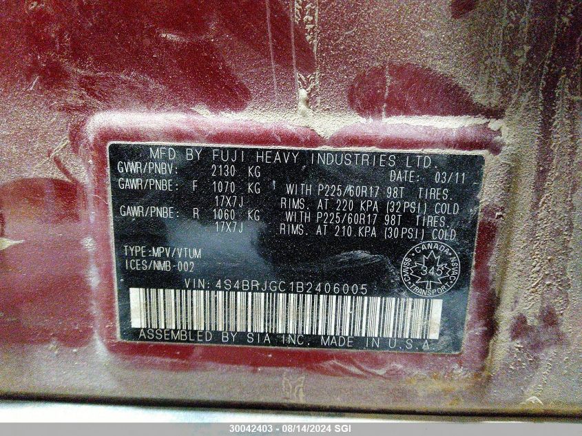 2011 Subaru Outback 3.6R Premium VIN: 4S4BRJGC1B2406005 Lot: 30042403