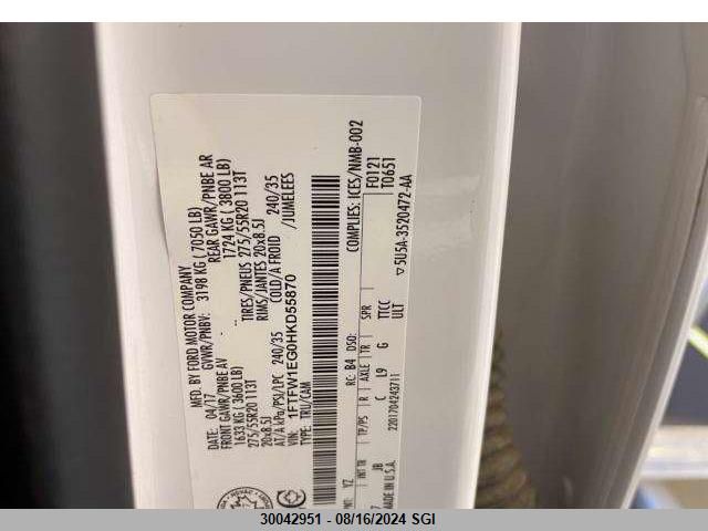 2017 Ford F150 Supercrew VIN: 1FTFW1EG0HKD55870 Lot: 30042951