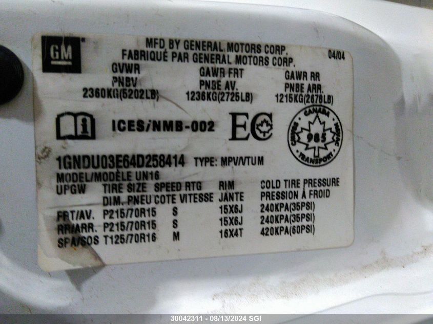 2004 Chevrolet Venture VIN: 1GNDU03E64D258414 Lot: 30042311