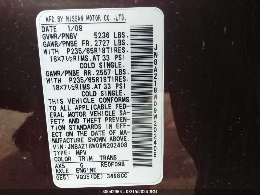 2009 Nissan Murano S/Sl/Le VIN: JN8AZ18W09W202408 Lot: 30042963