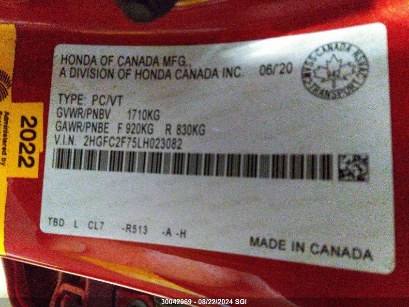 2020 Honda Civic Ex VIN: 2HGFC2F75LH023082 Lot: 30042969