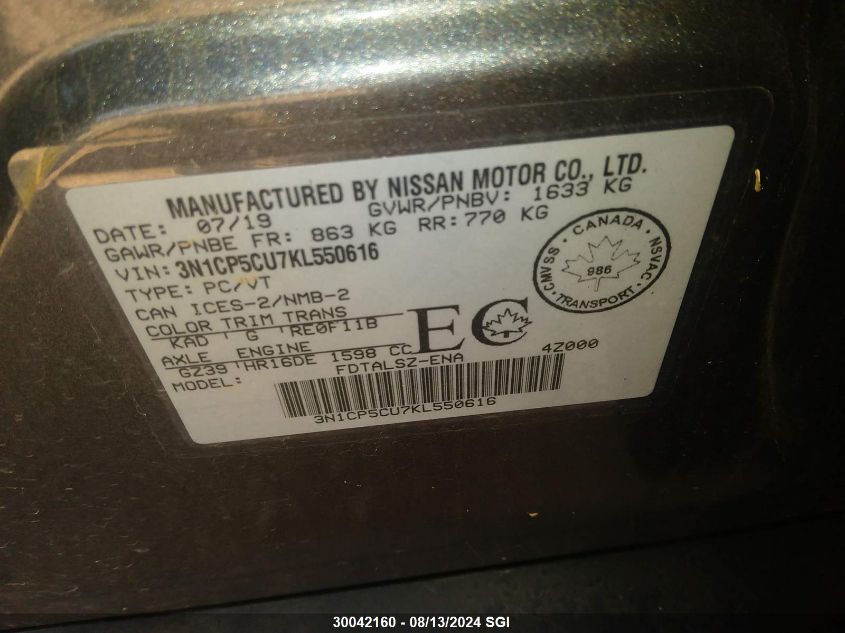 2019 Nissan Kicks S/Sr/Sv VIN: 3N1CP5CU7KL550616 Lot: 30042160