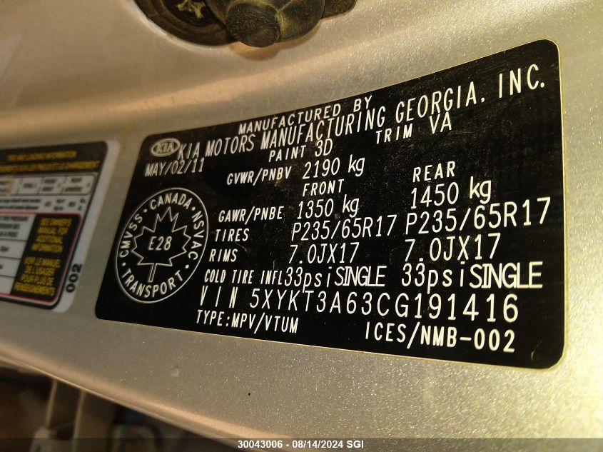 2012 Kia Sorento Lx VIN: 5XYKT3A63CG191416 Lot: 30043006