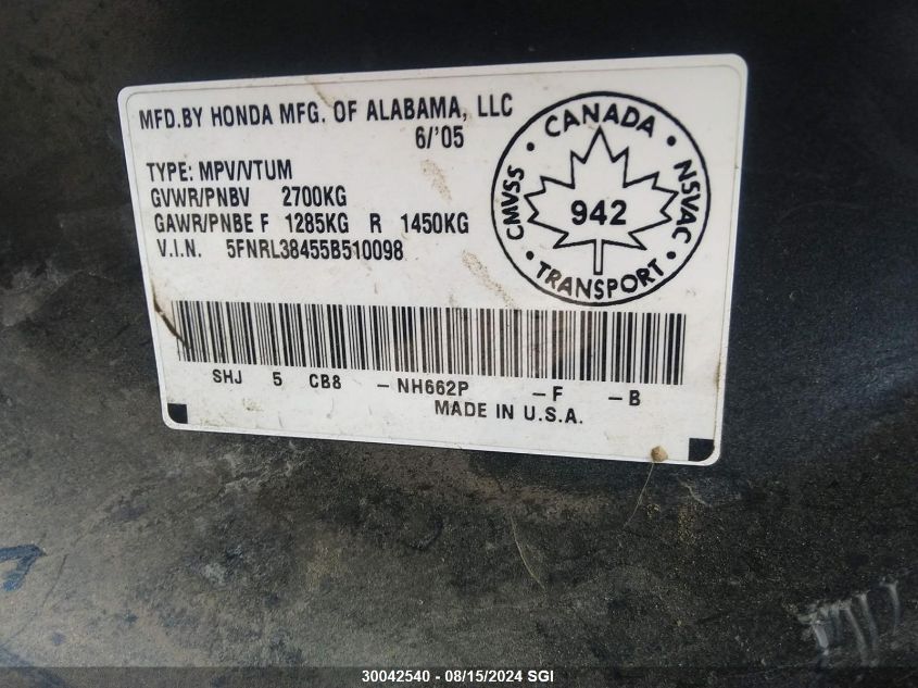 2005 Honda Odyssey Ex VIN: 5FNRL38455B510098 Lot: 30042540