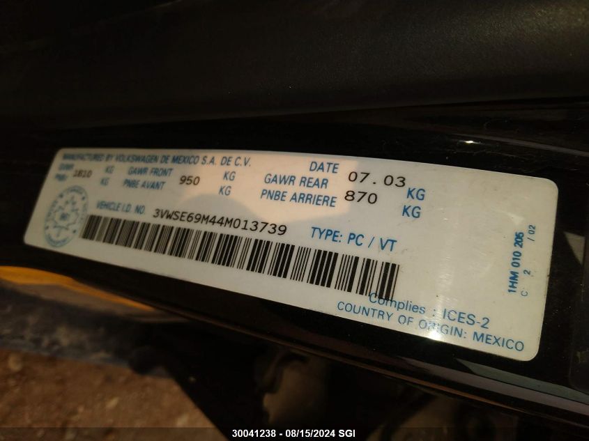 2004 Volkswagen Jetta Gls VIN: 3VWSE69M44M013739 Lot: 30041238