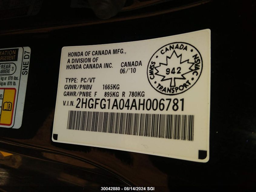 2010 Honda Civic Exl VIN: 2HGFG1A04AH006781 Lot: 30042880
