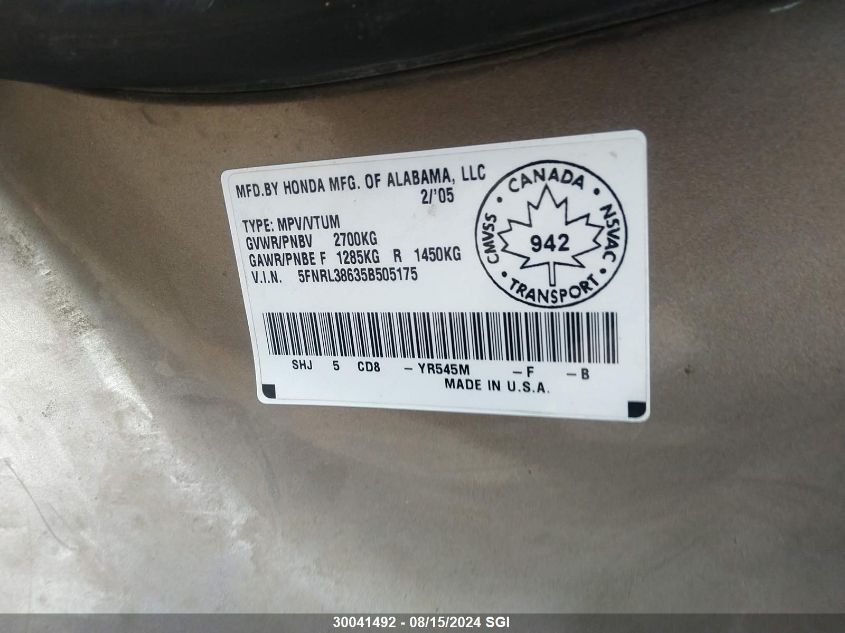 2005 Honda Odyssey Exl VIN: 5FNRL38635B505175 Lot: 30041492