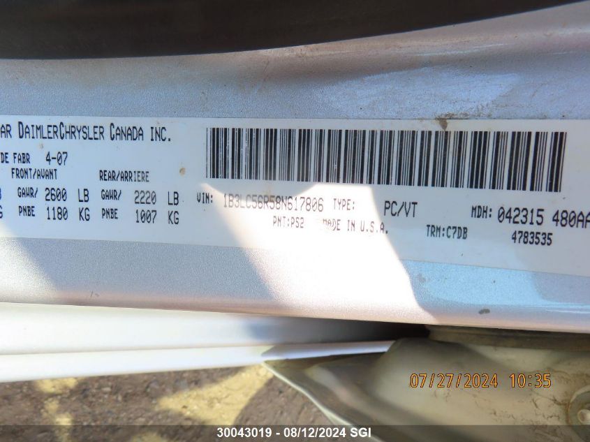 2008 Dodge Avenger Sxt VIN: 1B3LC56R58N617806 Lot: 30043019