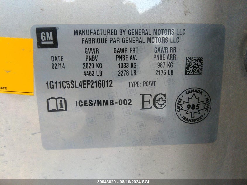 2014 Chevrolet Malibu 1Lt VIN: 1G11C5SL4EF216012 Lot: 30043020