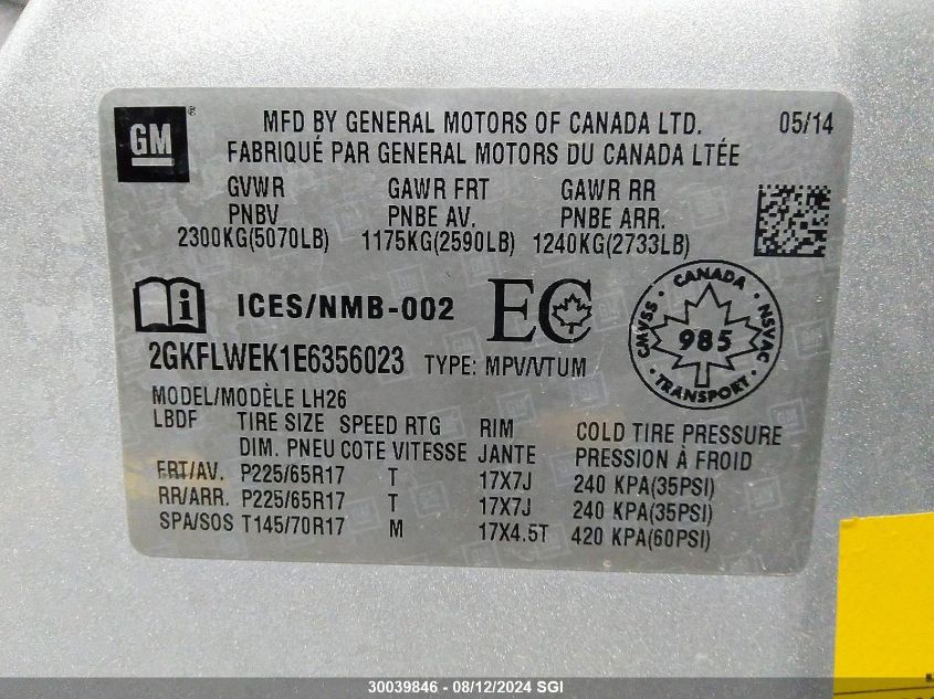 2014 GMC Terrain Sle VIN: 2GKFLWEK1E6356023 Lot: 30039846