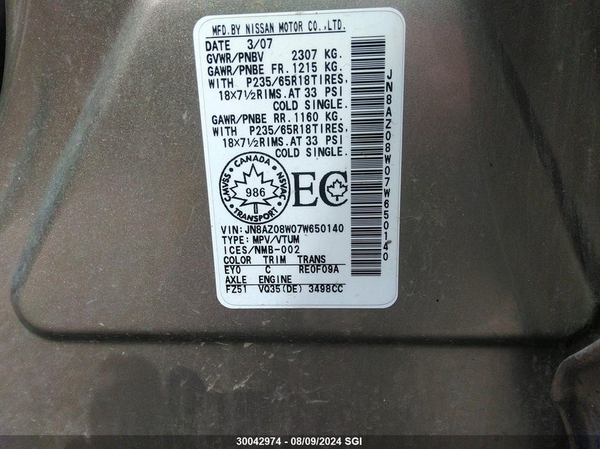 2007 Nissan Murano Sl/Se/S VIN: JN8AZ08W07W650140 Lot: 30042974