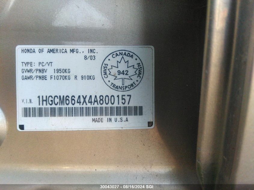 2004 Honda Accord Ex VIN: 1HGCM664X4A800157 Lot: 30043027
