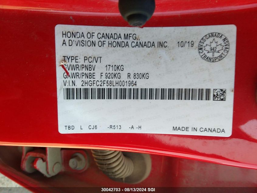2020 Honda Civic Lx VIN: 2HGFC2F58LH001964 Lot: 30042703