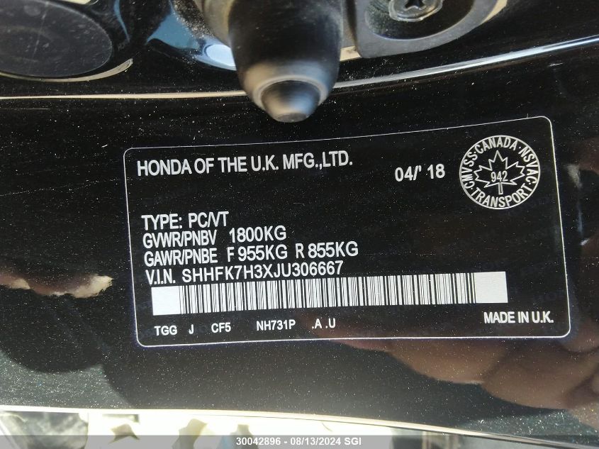 2018 Honda Civic Lx VIN: SHHFK7H3XJU306667 Lot: 30042896