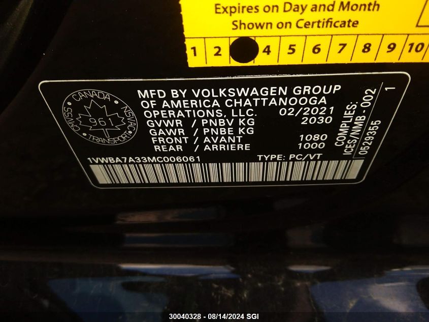 2021 Volkswagen Passat Highline VIN: 1VWBA7A33MC006061 Lot: 30040328