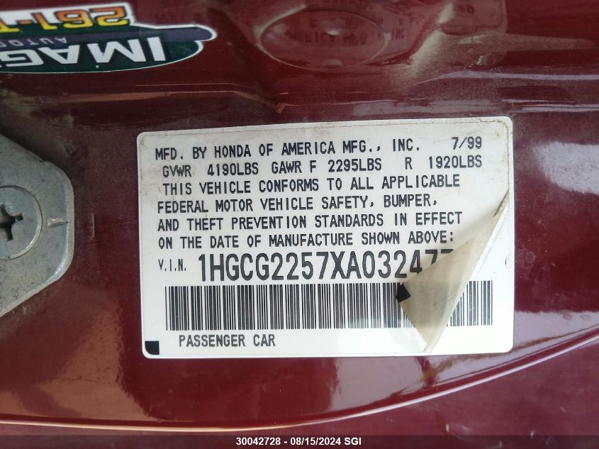 1999 Honda Accord Ex VIN: 1HGCG2257XA032477 Lot: 30042728