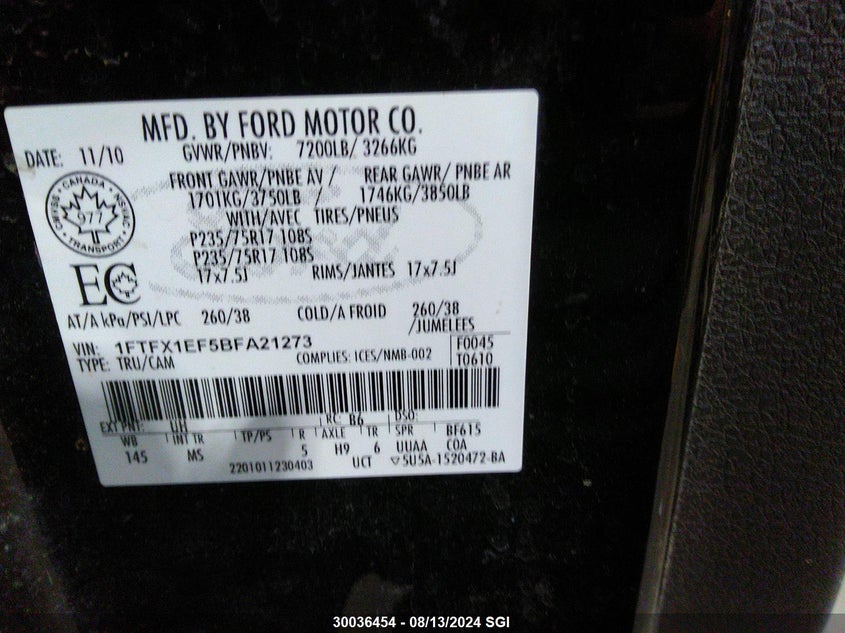 2011 Ford F150 Super Cab VIN: 1FTFX1EF5BFA21273 Lot: 30036454