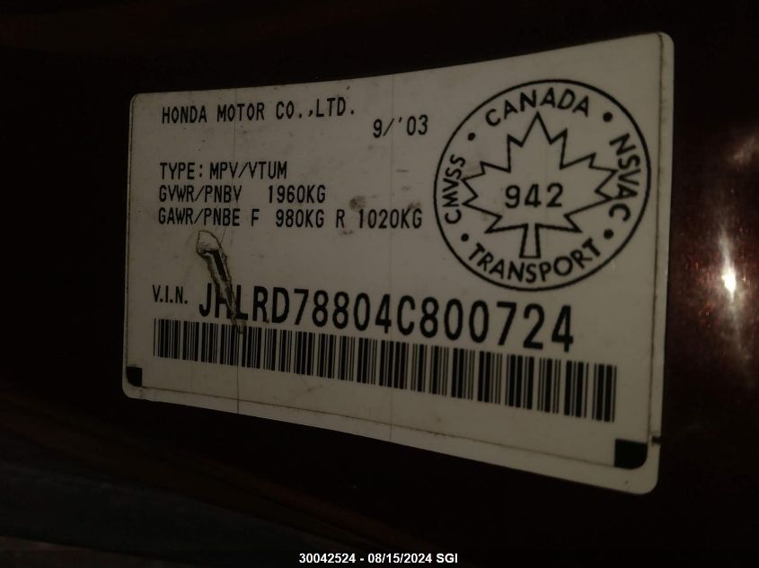 2004 Honda Cr-V Ex VIN: JHLRD78804C800724 Lot: 30042524