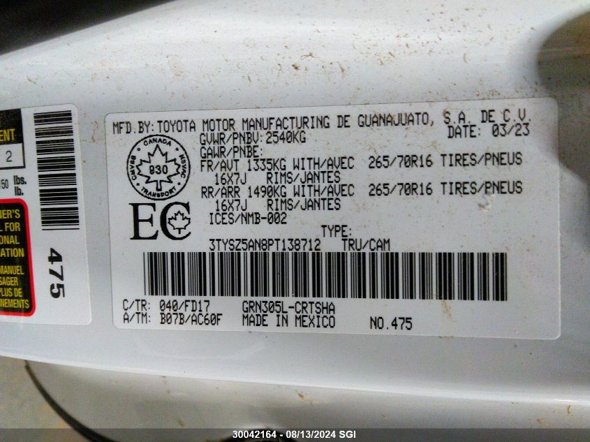 2023 Toyota Tacoma Access Cab/Sr/Sr5/Trd Sport/Trd Off Road VIN: 3TYSZ5AN8PT138712 Lot: 30042164