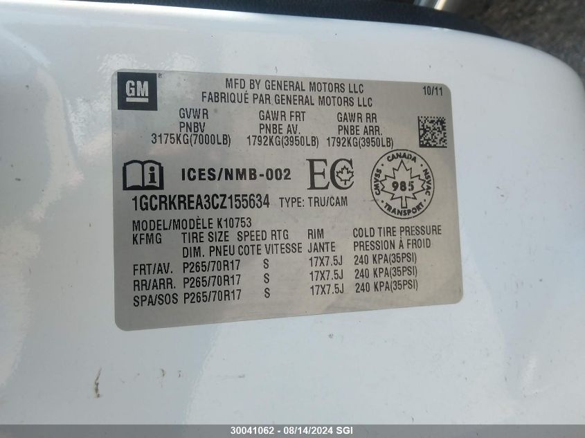 2012 Chevrolet Silverado K1500 Ls VIN: 1GCRKREA3CZ155634 Lot: 30041062