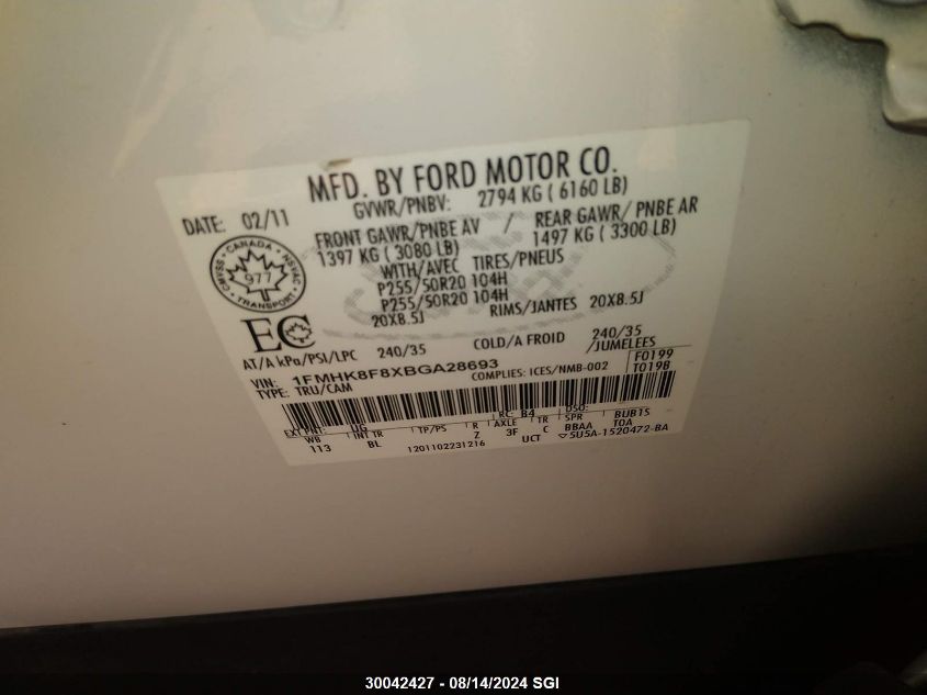 2011 Ford Explorer Limited VIN: 1FMHK8F8XBGA28693 Lot: 30042427