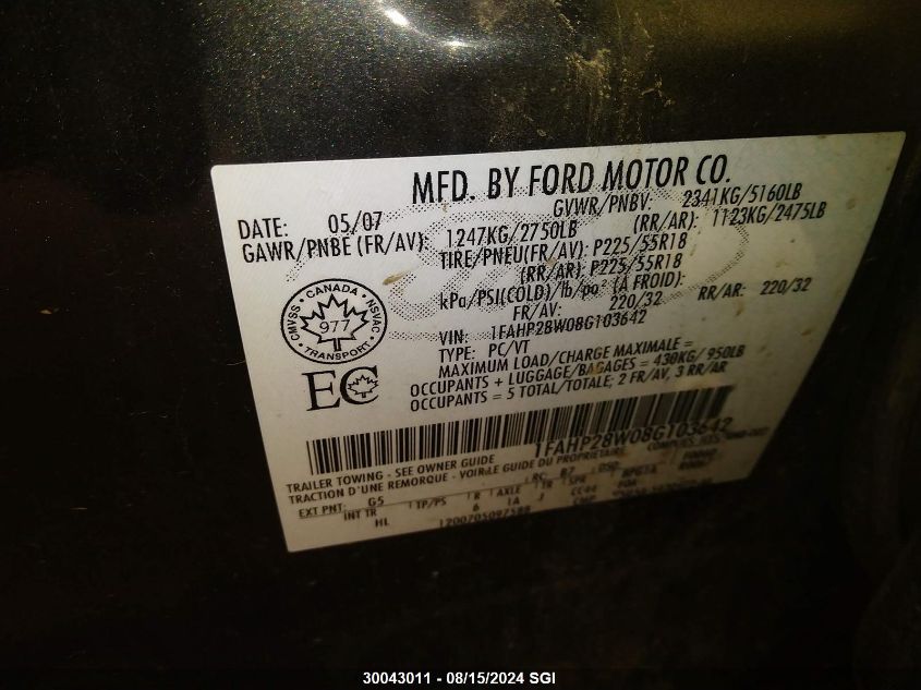 2008 Ford Taurus Limited VIN: 1FAHP28W08G103642 Lot: 30043011