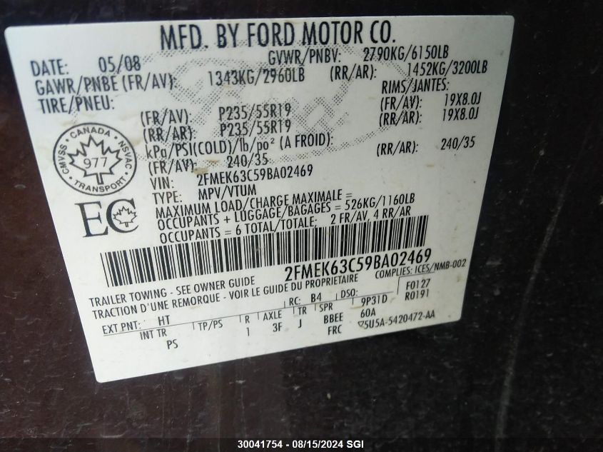2009 Ford Flex Limited VIN: 2FMEK63C59BA02469 Lot: 30041754